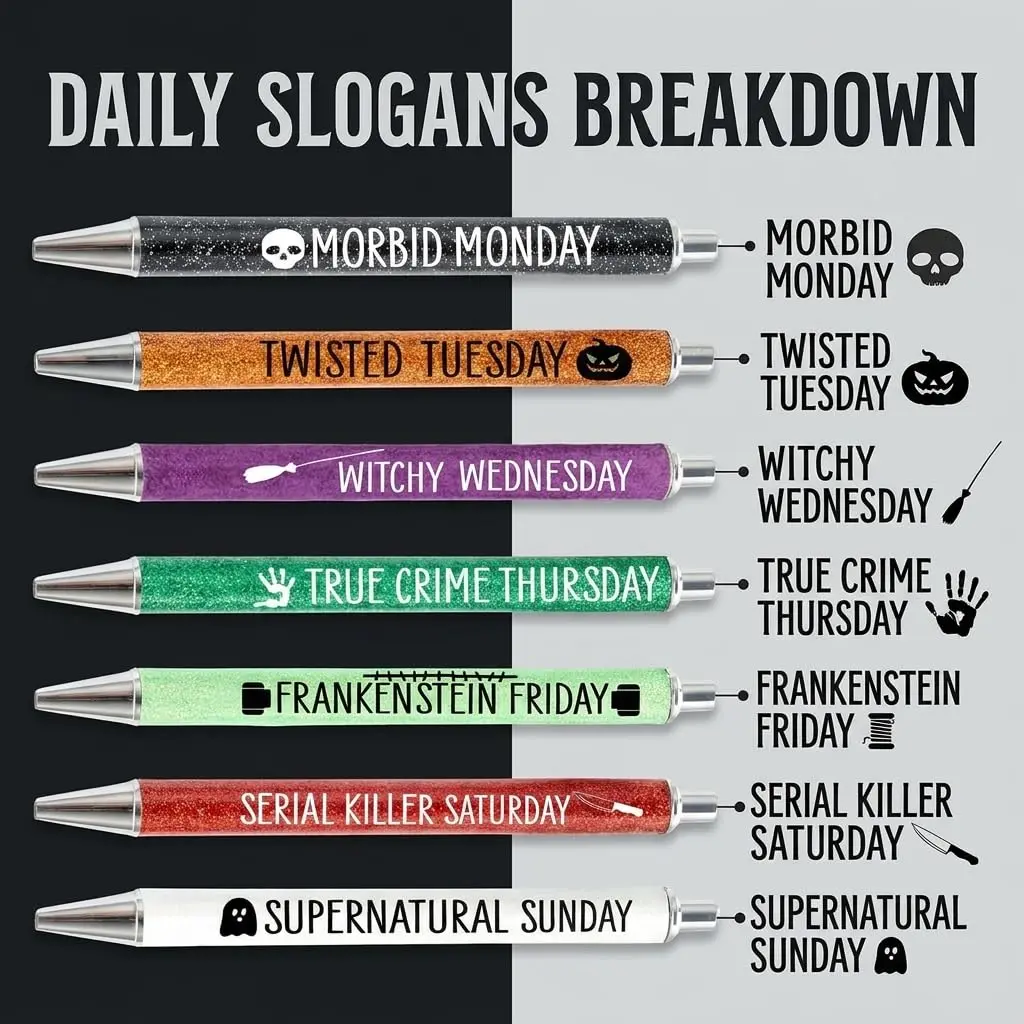 Jxueych Halloween Weekday Glitter Metal Pens 7 Pack | Gothic & True Crime Themed Writing Instruments - view 7