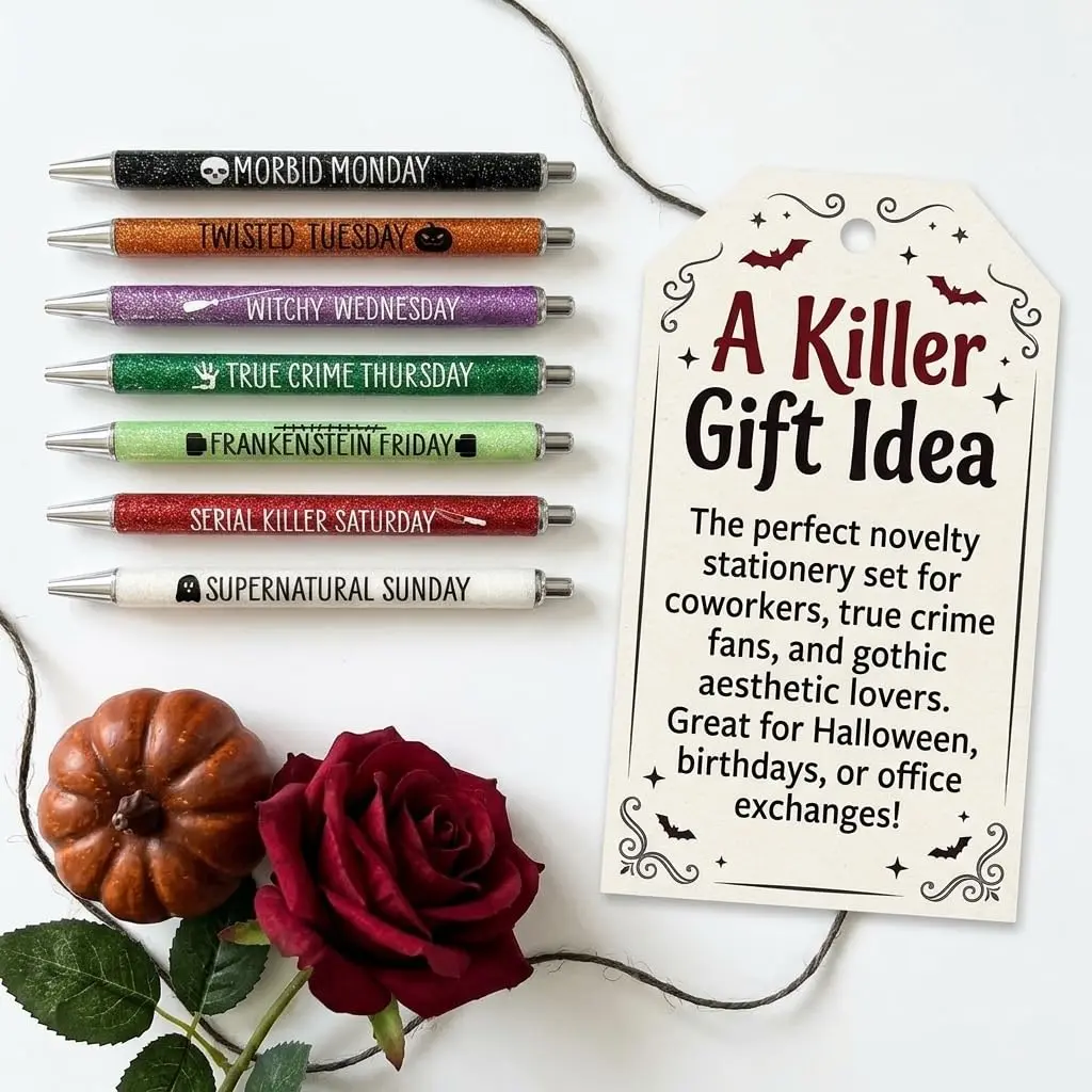 Jxueych Halloween Weekday Glitter Metal Pens 7 Pack | Gothic & True Crime Themed Writing Instruments - view 8