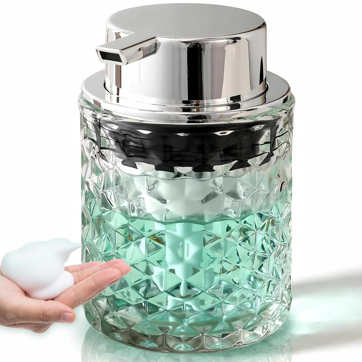 MALACHI Foaming Hand Soap Dispenser 300ml (10 oz) | Elegant Diamond Pattern Glass Bottle for Bathroom & Kitchen - main product image
