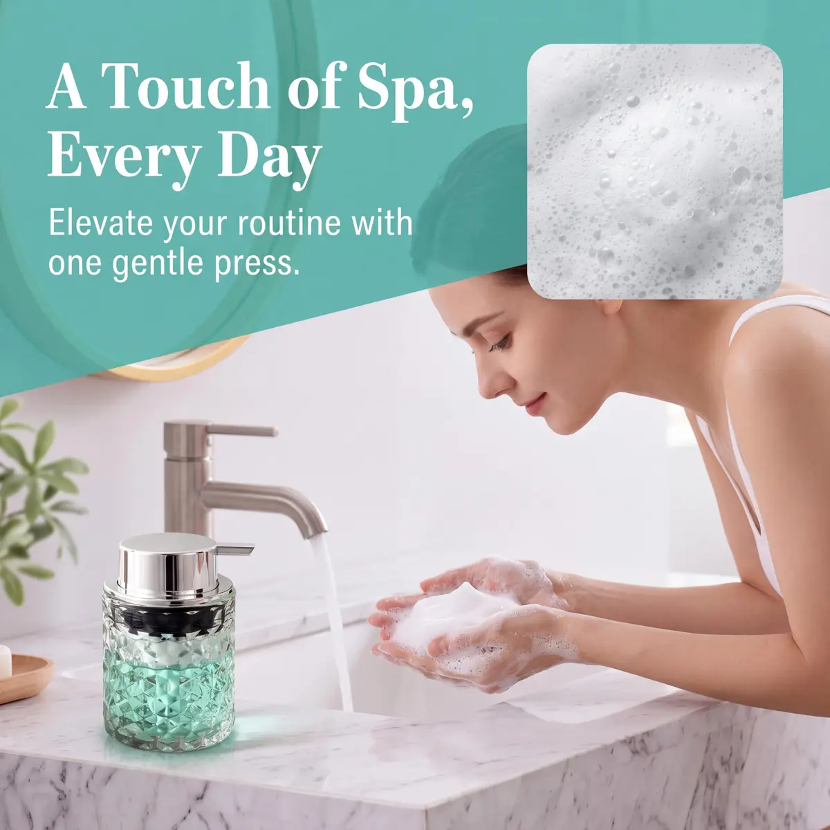 MALACHI Foaming Hand Soap Dispenser 300ml (10 oz) | Elegant Diamond Pattern Glass Bottle for Bathroom & Kitchen - view 5