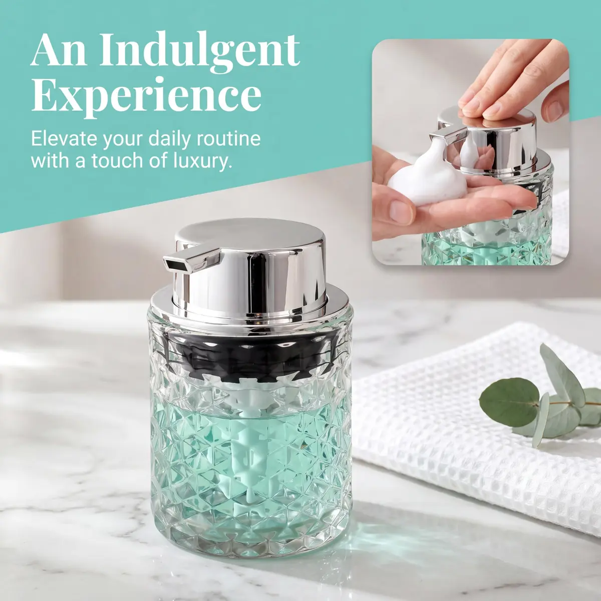 MALACHI Foaming Hand Soap Dispenser 300ml (10 oz) | Elegant Diamond Pattern Glass Bottle for Bathroom & Kitchen - view 6
