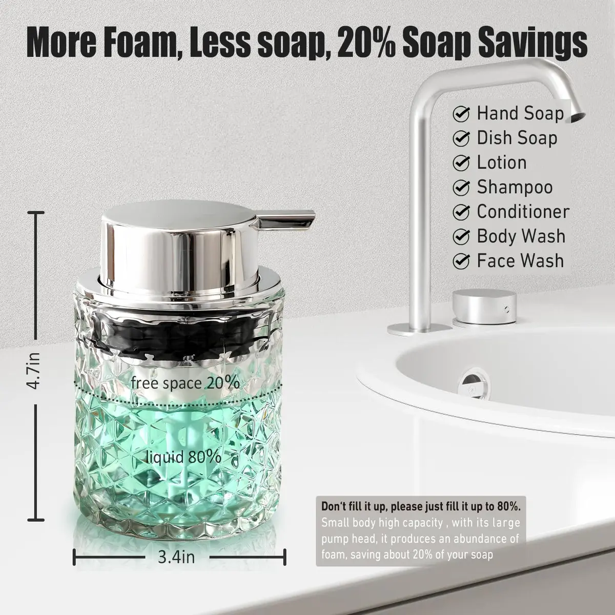 MALACHI Foaming Hand Soap Dispenser 300ml (10 oz) | Elegant Diamond Pattern Glass Bottle for Bathroom & Kitchen - view 2