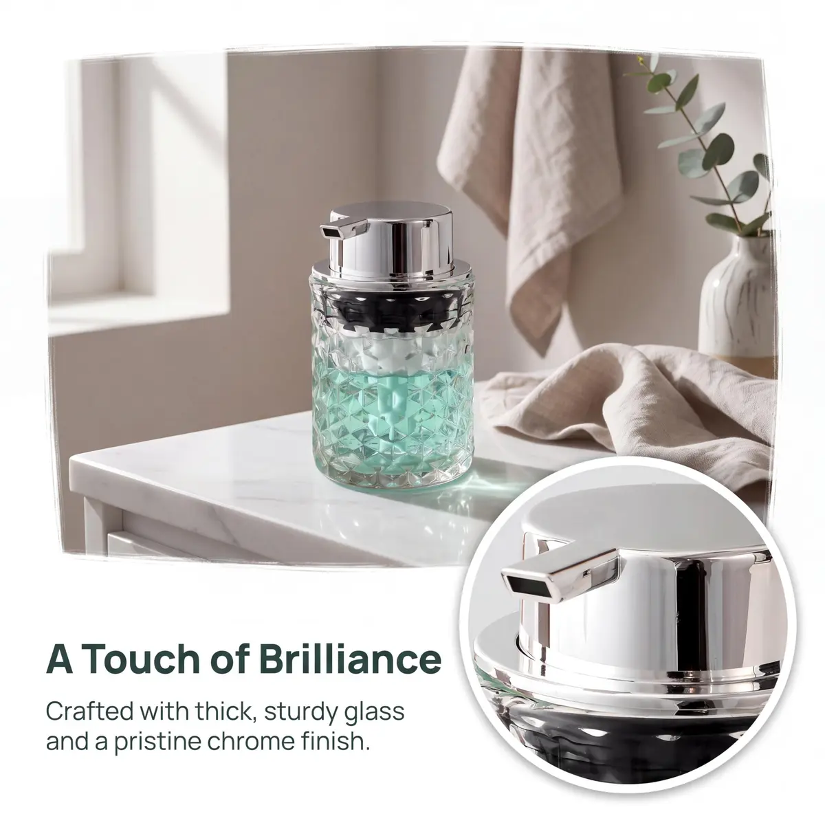 MALACHI Foaming Hand Soap Dispenser 300ml (10 oz) | Elegant Diamond Pattern Glass Bottle for Bathroom & Kitchen - view 3