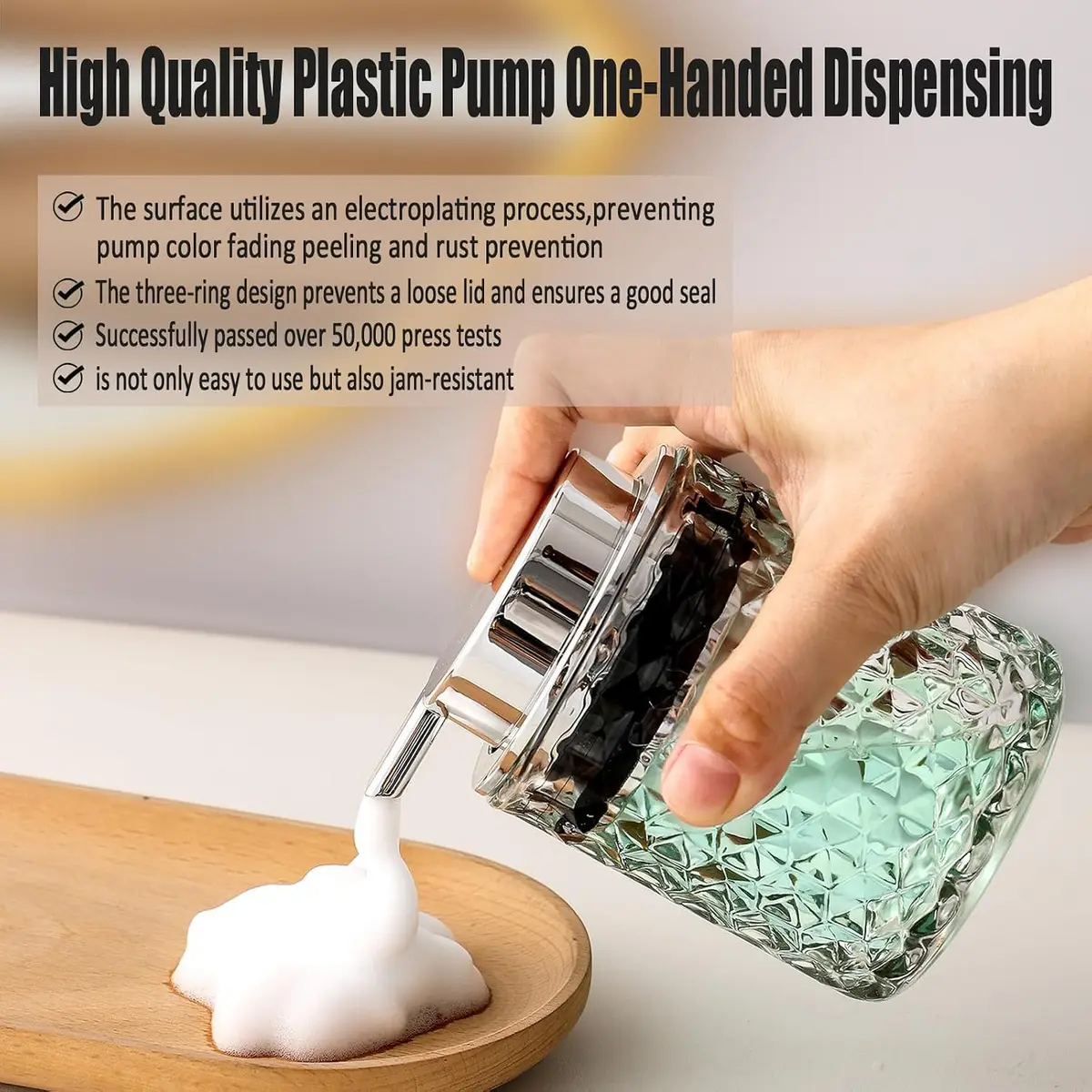MALACHI Foaming Hand Soap Dispenser 300ml (10 oz) | Elegant Diamond Pattern Glass Bottle for Bathroom & Kitchen - view 4