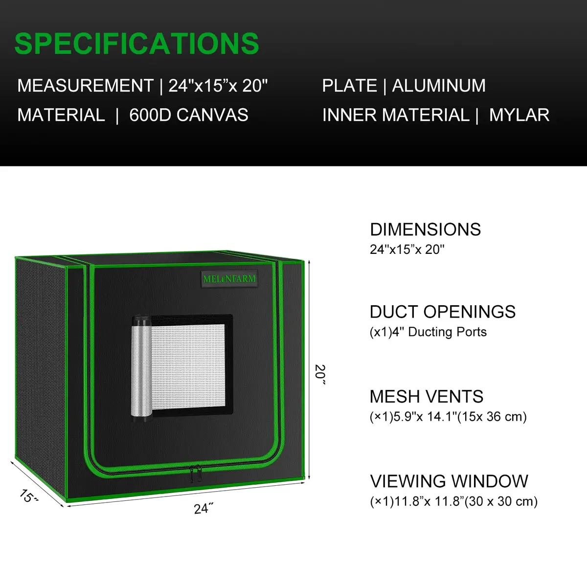 MELONFARM Hydroponic Grow Tent 24"x16"x24" | Reflective 600D Diamond Mylar Indoor Garden - view 7