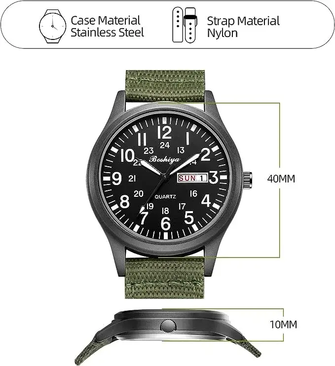 BOSHIYA Men's Military Tactical Field Watch 40mm (1.57 Inch) | Japanese Quartz Movement, Water Resistant 30M, Date Display - view 3