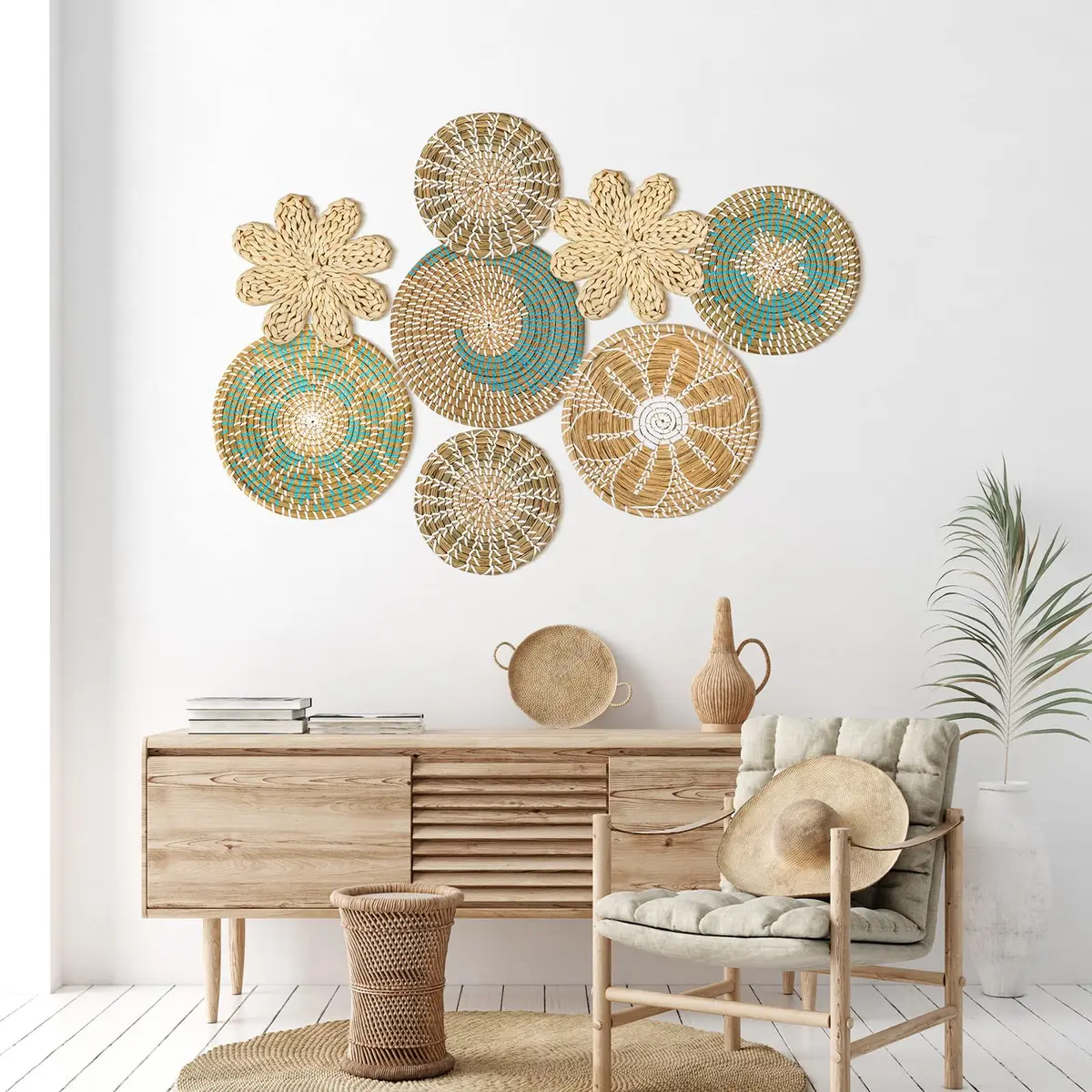 Xuhal Boho Wall Basket Decor Set of 8 | Rustic Farmhouse Hanging Baskets for Kitchen & Living Room - view 6
