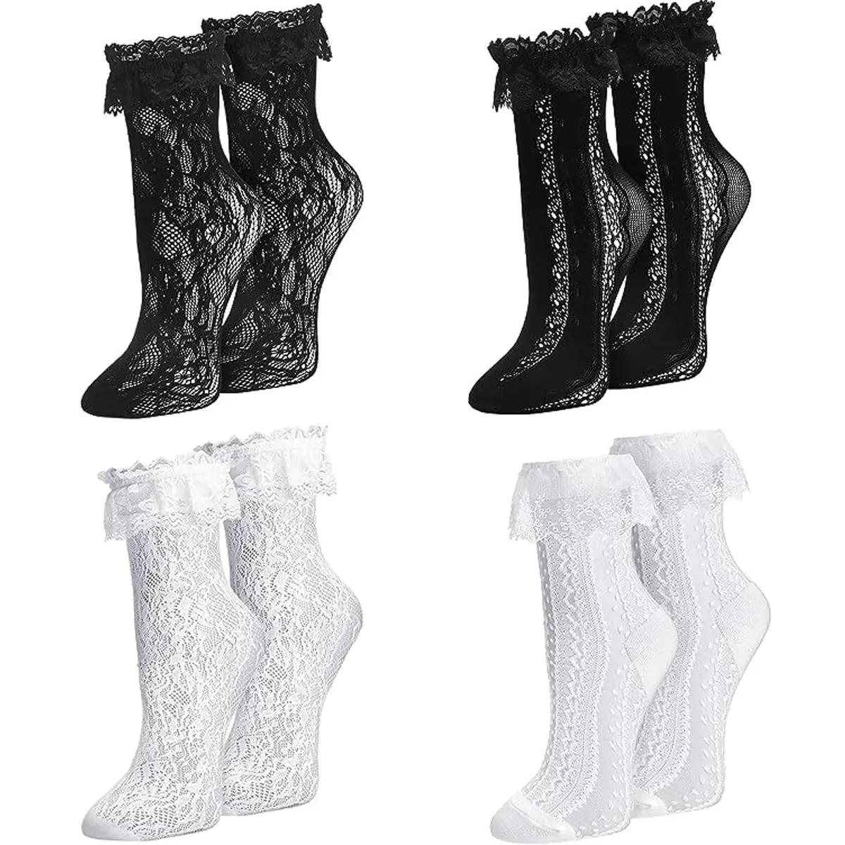 MKYSZLT Womens White Lace Socks Black Ruffled Frilly Dress Socks 5.5 oz | Cute Mesh Lace Trim Ankle High - main product image
