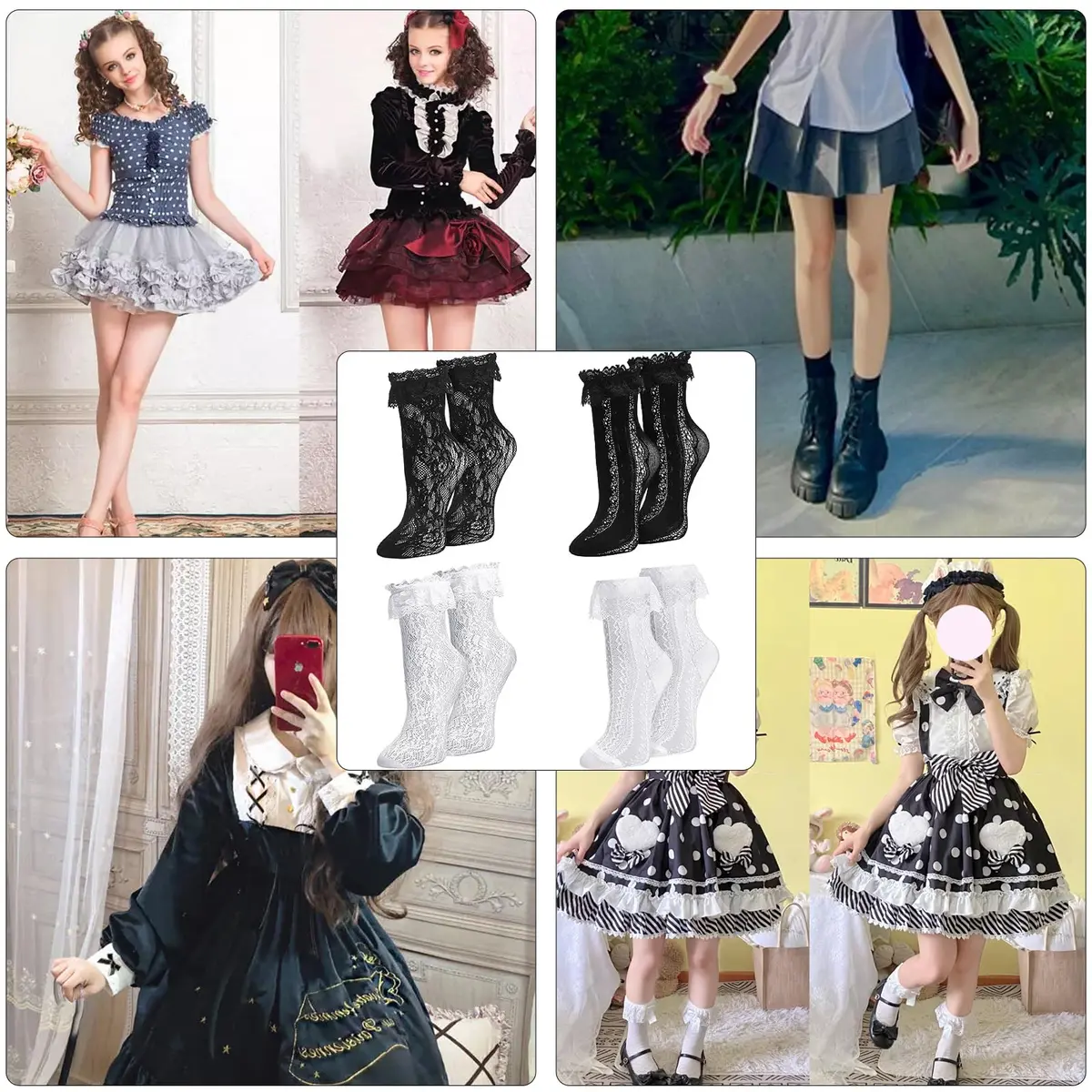 MKYSZLT Womens White Lace Socks Black Ruffled Frilly Dress Socks 5.5 oz | Cute Mesh Lace Trim Ankle High - view 5