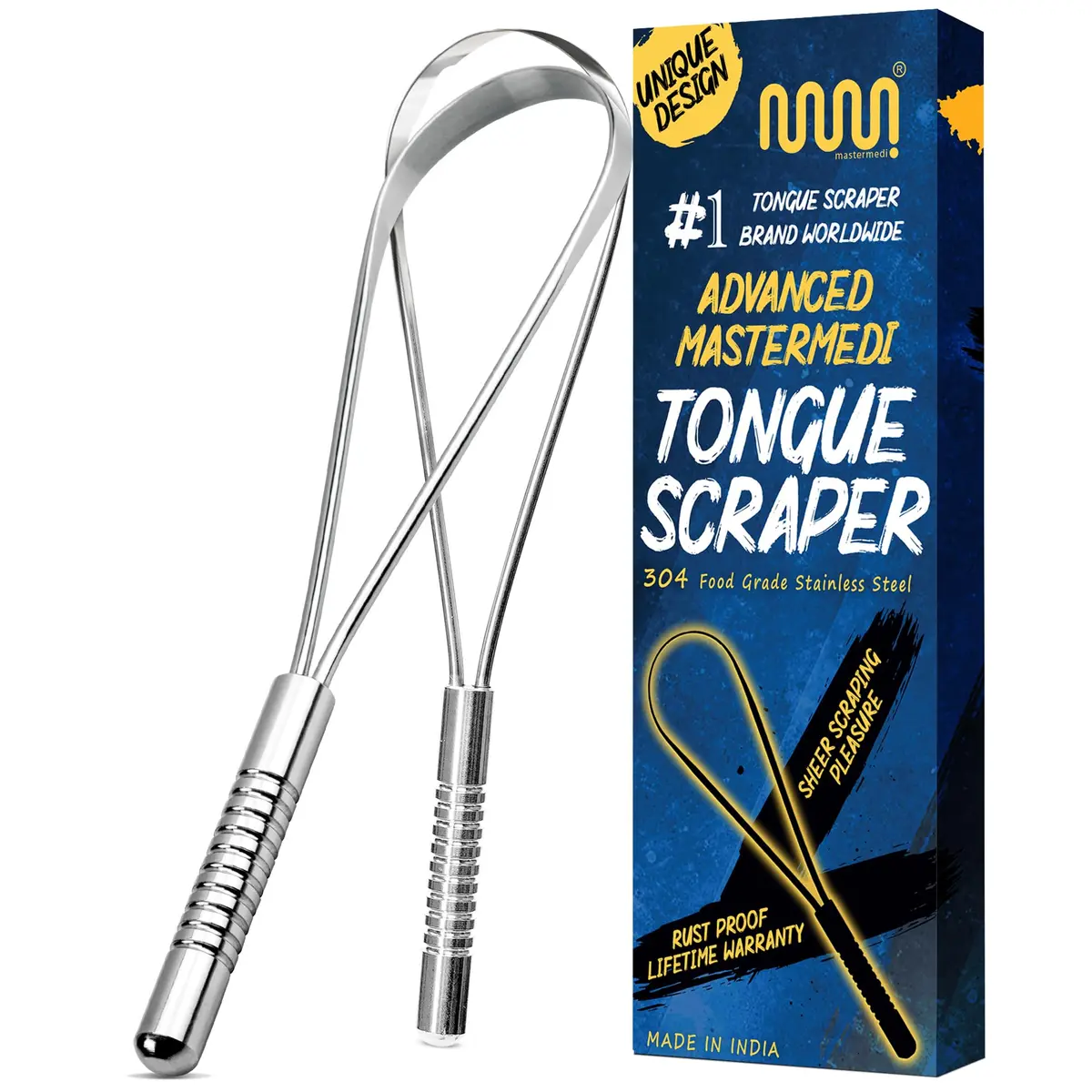 MasterMedi Stainless Steel Tongue Scraper Pack of 2 | Removes Bad Breath & Coating - main product image