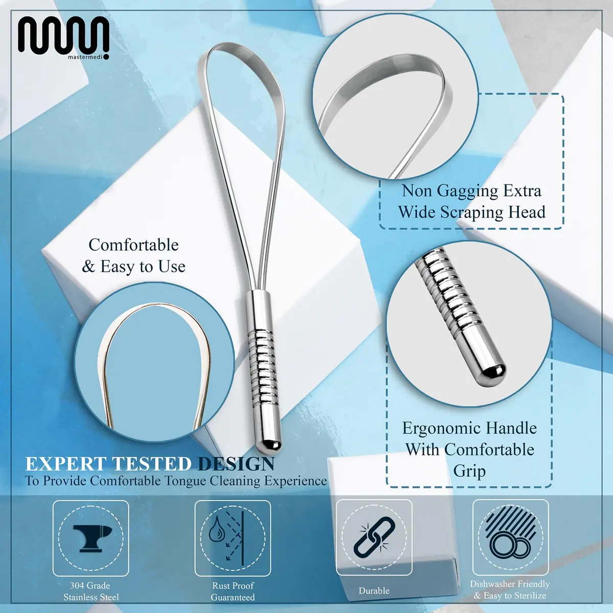 MasterMedi Stainless Steel Tongue Scraper Pack of 2 | Removes Bad Breath & Coating - view 3