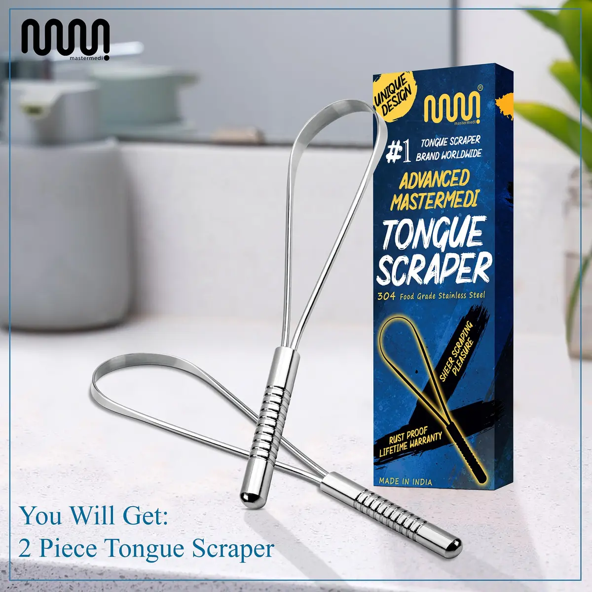 MasterMedi Stainless Steel Tongue Scraper Pack of 2 | Removes Bad Breath & Coating - view 4