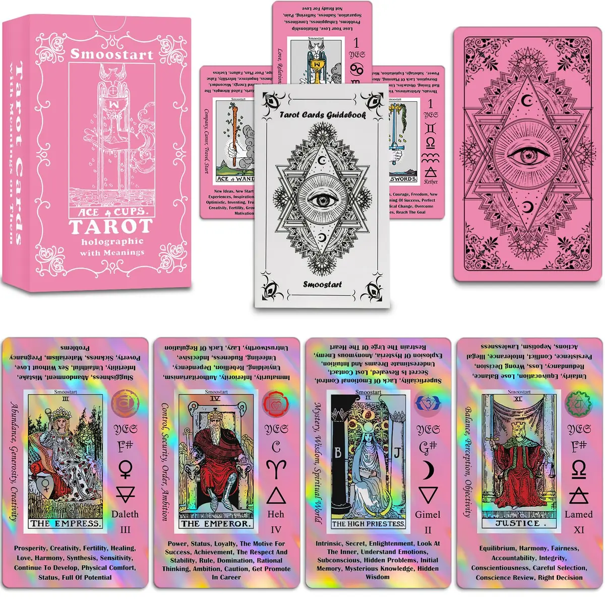Smoostart Holographic Pink Tarot Cards for Beginners with Meanings on Them | Detailed Guide & Elegant Design - main product image
