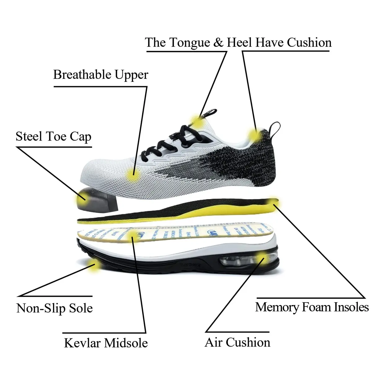 LANSNBO Steel Toe Shoes for Women Comfortable Work Sneakers Black 7.5 | Impact & Puncture Protection - view 6