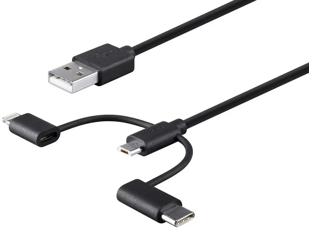 Monoprice 118789 Apple MFi Certified USB to Micro USB + USB Type-C + Lightning Cable 3ft Black | 3-in-1 Charge & Sync - view 2
