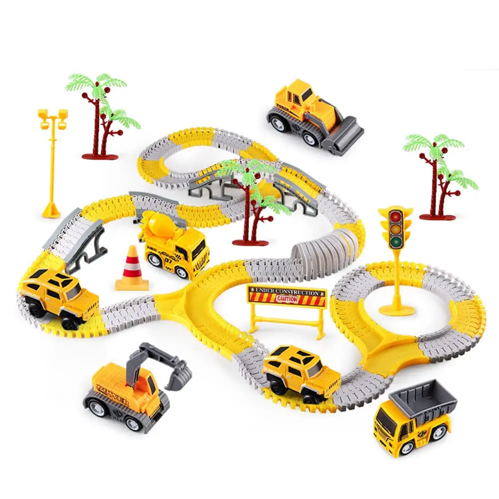 KEXBOVT 305PCS Construction Race Tracks for Kids, 2 Electric Toy Cars, 4 Construction Cars | DIY Flexible Track Set - main product image