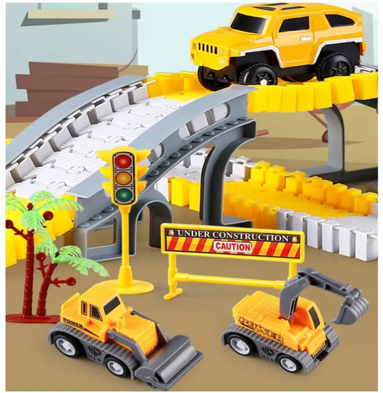 KEXBOVT 305PCS Construction Race Tracks for Kids, 2 Electric Toy Cars, 4 Construction Cars | DIY Flexible Track Set - view 3
