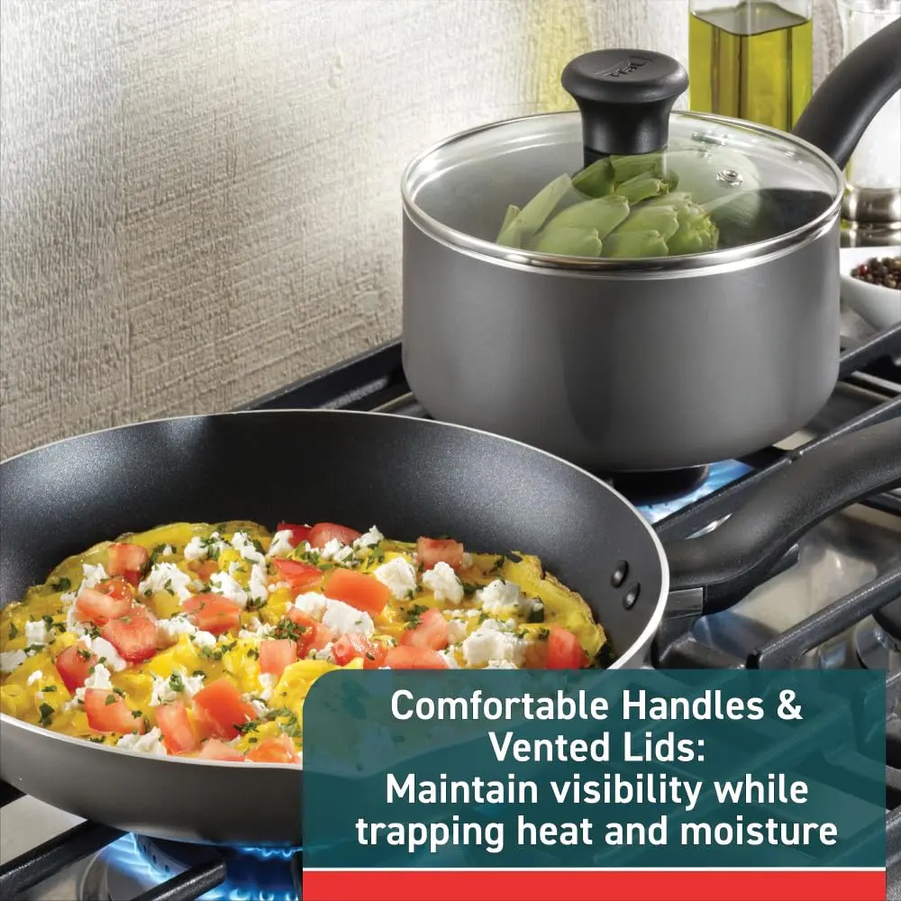 T-Fal Initiatives Nonstick Cookware Set 6 Piece | Oven Safe up to 350°F, Dishwasher Safe, Gray - view 4