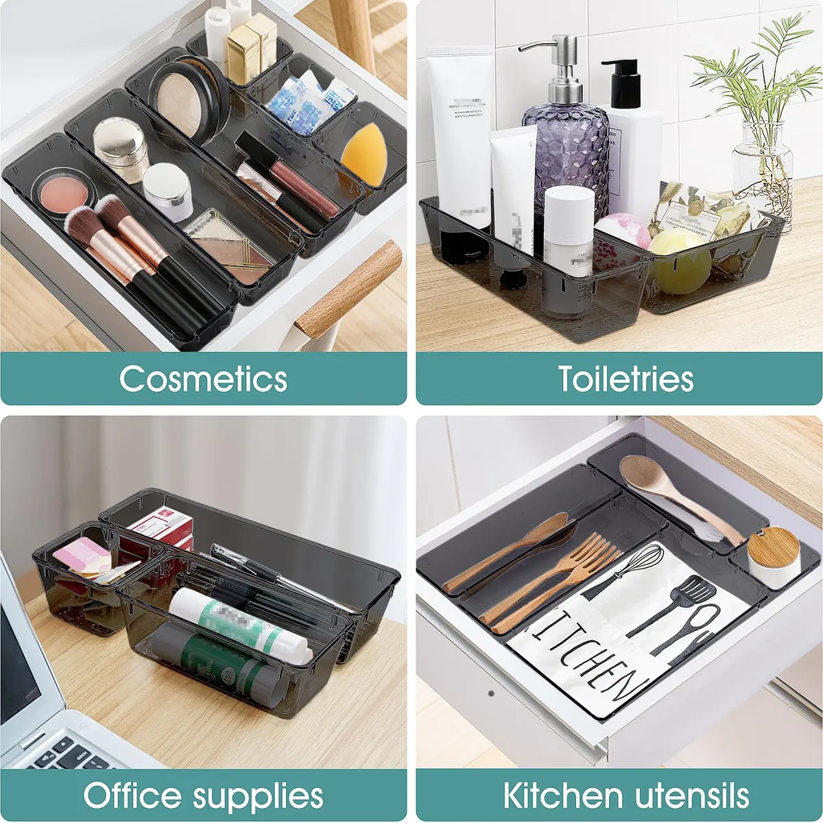 WOWBOX 25 PCS Plastic Drawer Organizer Set, Black | 4 Sizes for Makeup, Office Supplies, Crafts - view 5