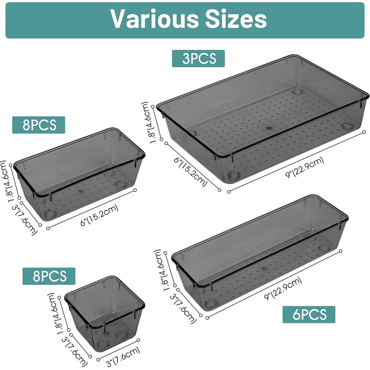 WOWBOX 25 PCS Plastic Drawer Organizer Set, Black | 4 Sizes for Makeup, Office Supplies, Crafts - view 2