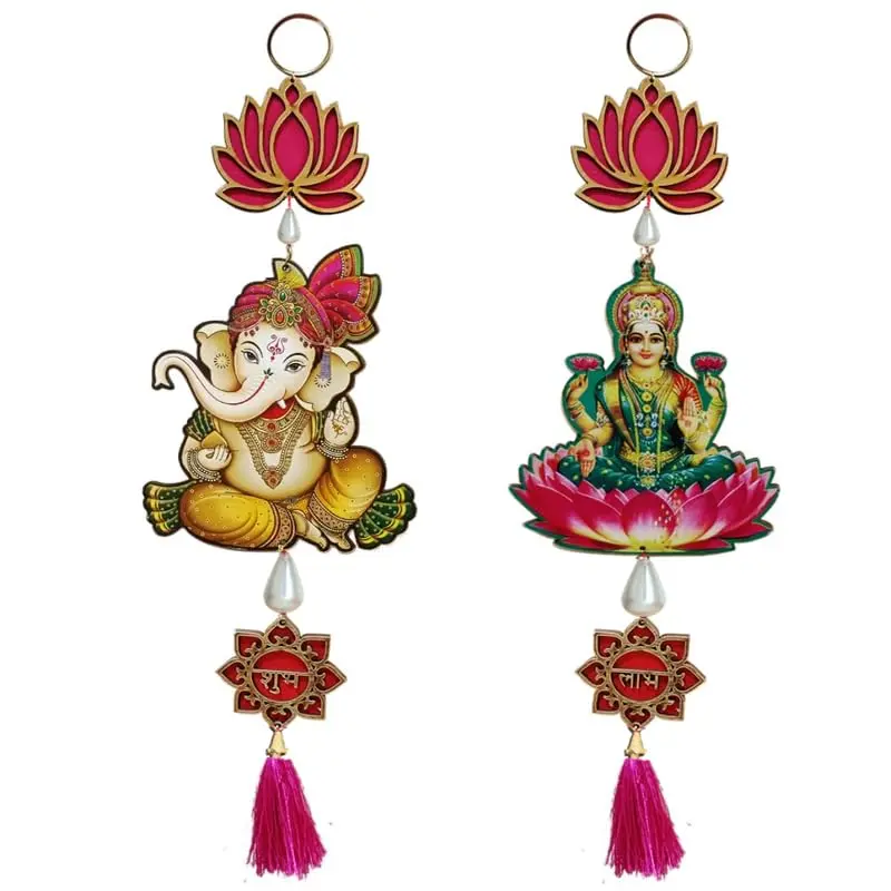 Divyakosh Handmade Shubh Labh Laxmi Ganesh Lotus Hangings | Temple & Festival Decor, 2 Pcs, Tan - main product image