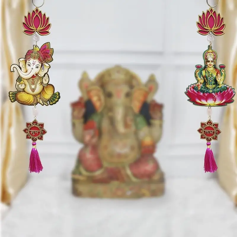 Divyakosh Handmade Shubh Labh Laxmi Ganesh Lotus Hangings | Temple & Festival Decor, 2 Pcs, Tan - view 3