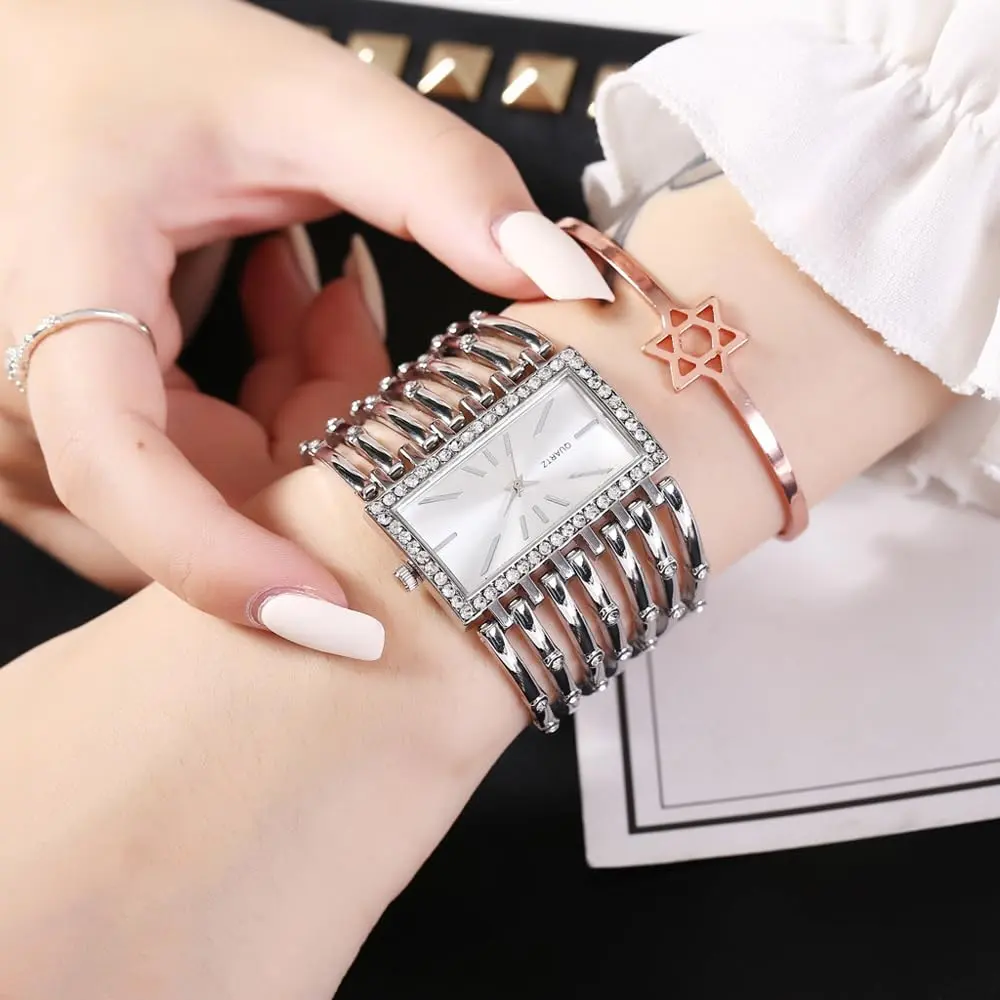 Dacdyi Silver Women's Quartz Watch | Elegant Crystal Accented Square Dial (7.68 inch, alloy) - view 6