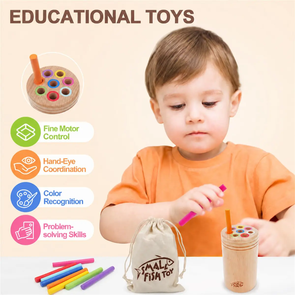 SMALL FISH Montessori Toys for Active Kids Wooden Fine Motor Learning Preschool Toys | Bright Color Sorting & Stacking - view 5