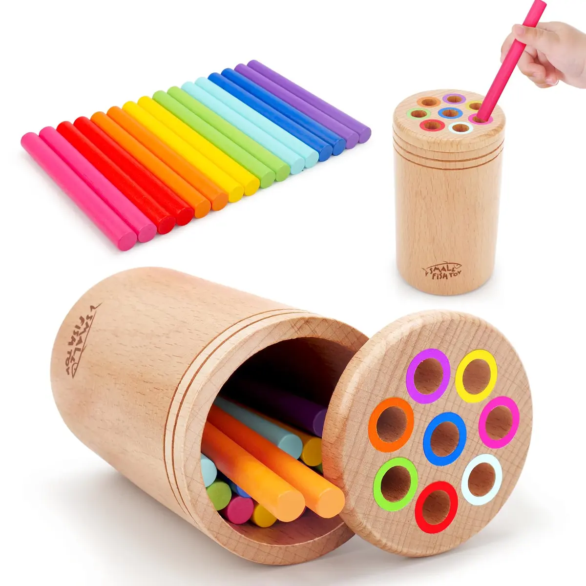 SMALL FISH Montessori Toys for Active Kids Wooden Fine Motor Learning Preschool Toys | Bright Color Sorting & Stacking - main product image
