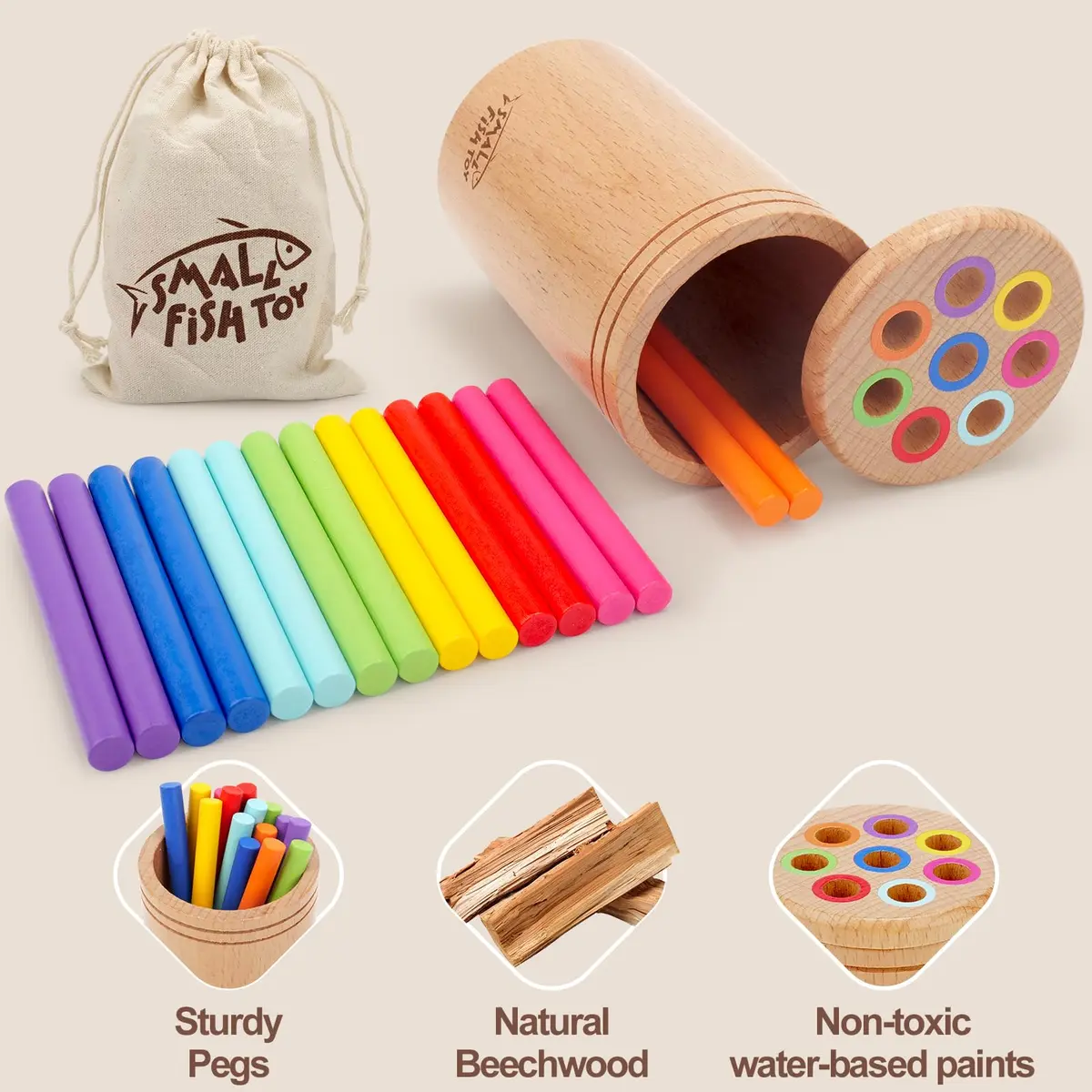 SMALL FISH Montessori Toys for Active Kids Wooden Fine Motor Learning Preschool Toys | Bright Color Sorting & Stacking - view 2
