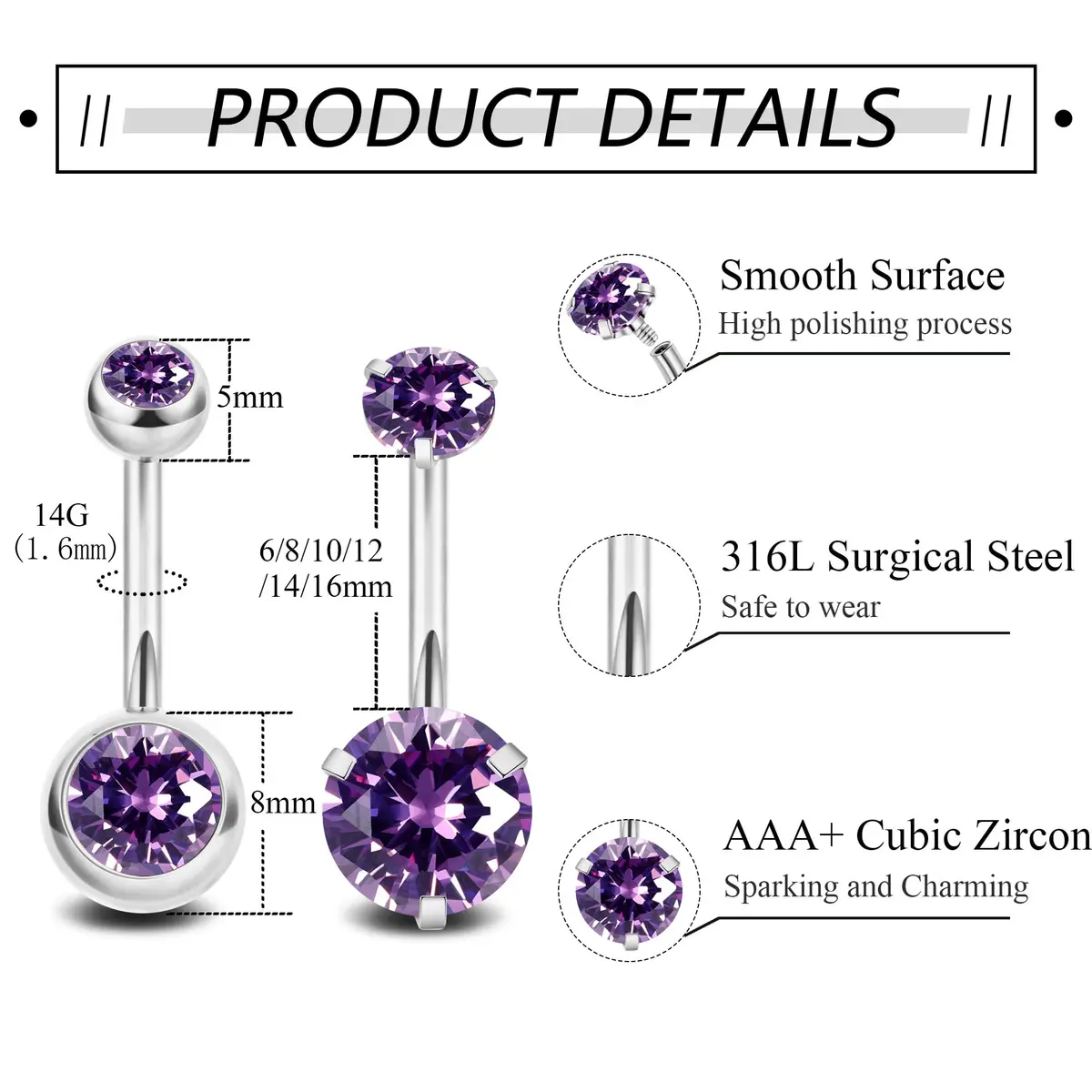 NICEIGHT 2PCS 14G Surgical Steel Belly Button Rings | CZ Navel Piercing Jewelry for Women (10mm) | Hypoallergenic & Trendy - view 3