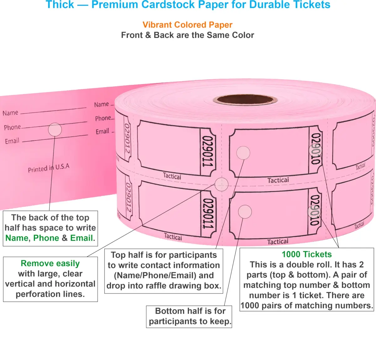 Tacticai Pink Raffle Tickets 1000 Count | Double Roll, 50/50 Event & Fundraiser Tickets - view 2