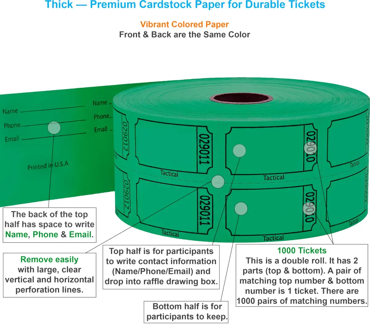 Tacticai Raffle Tickets Green Double Roll 1000 Count (2" x 1.75") | Consecutively Numbered for Events - view 2