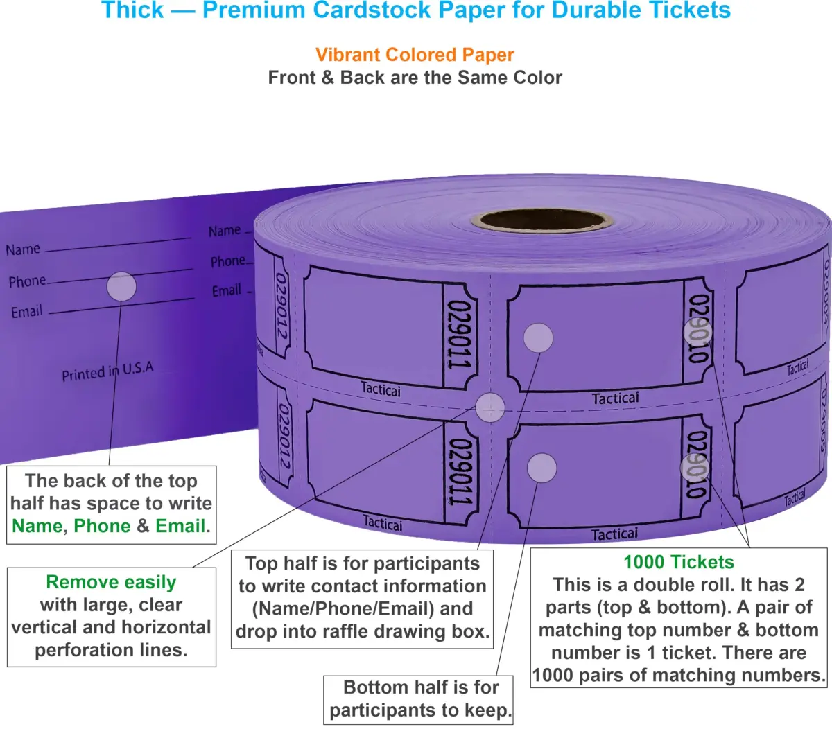 Tacticai Purple Raffle Tickets 1000 Count (2" x 1.75") | Consecutively Numbered for Events & Fundraisers - view 2