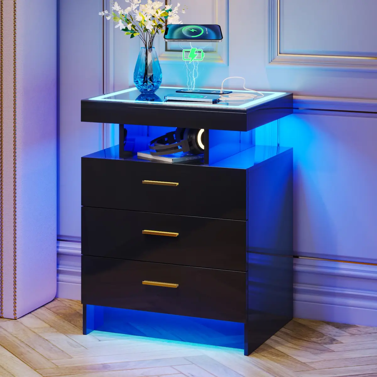 Lvifur LED Nightstand with Wireless Charging & Auto Sensor, Black | Modern Bedroom Furniture - main product image