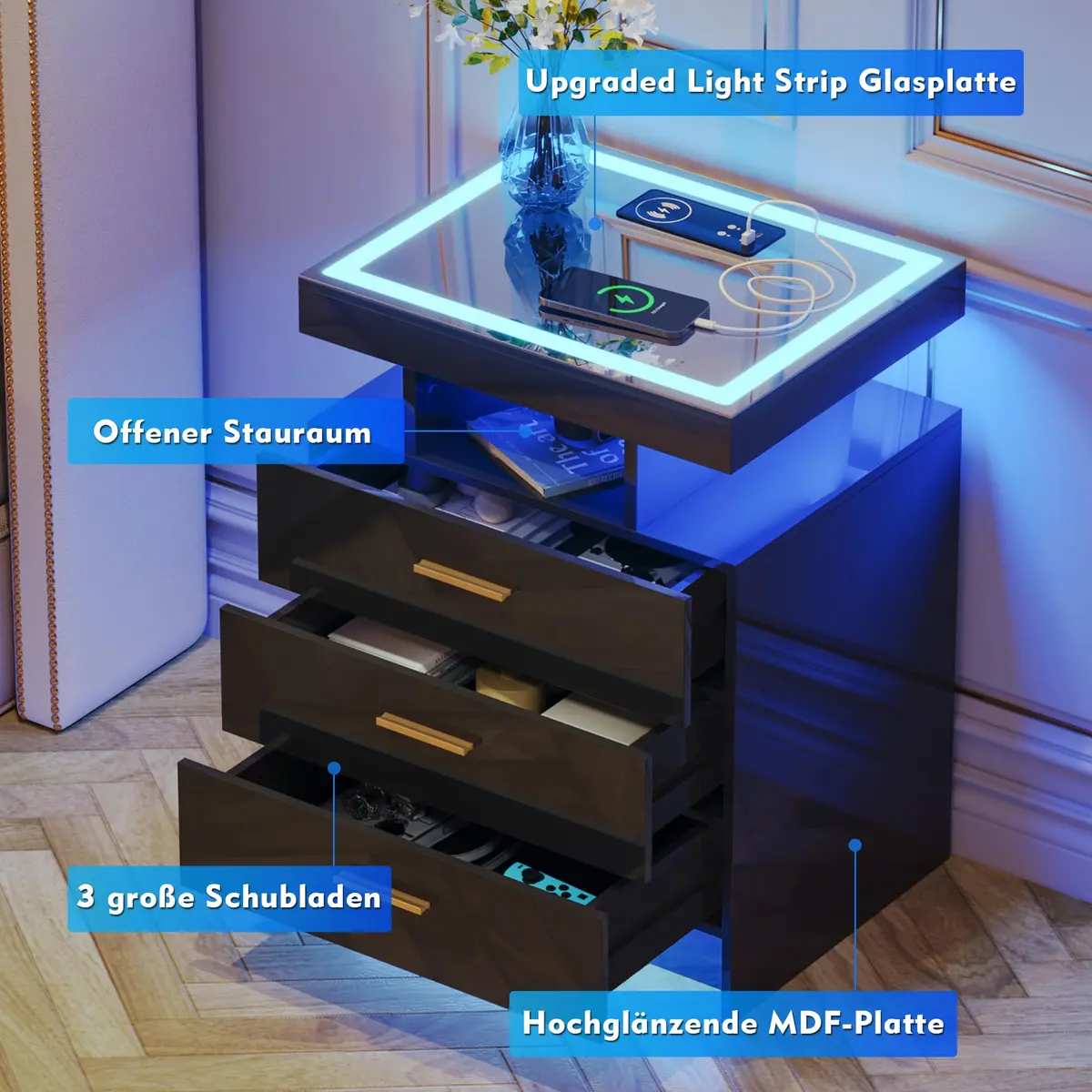 Lvifur LED Nightstand with Wireless Charging & Auto Sensor, Black | Modern Bedroom Furniture - view 5