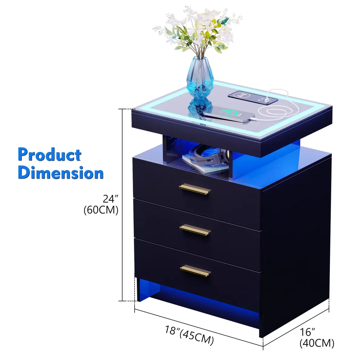 Lvifur LED Nightstand with Wireless Charging & Auto Sensor, Black | Modern Bedroom Furniture - view 6