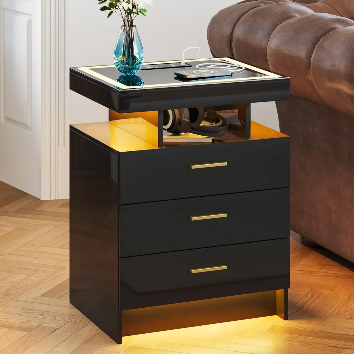 Lvifur LED Nightstand with Wireless Charging & Auto Sensor, Black | Modern Bedroom Furniture - view 7