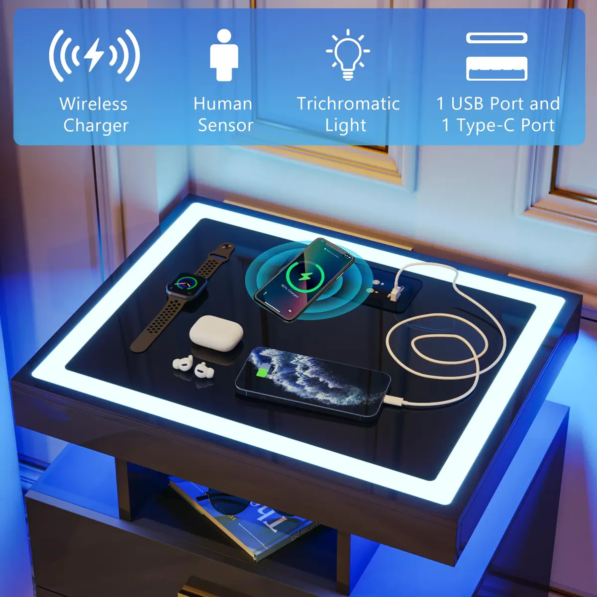 Lvifur LED Nightstand with Wireless Charging & Auto Sensor, Black | Modern Bedroom Furniture - view 2