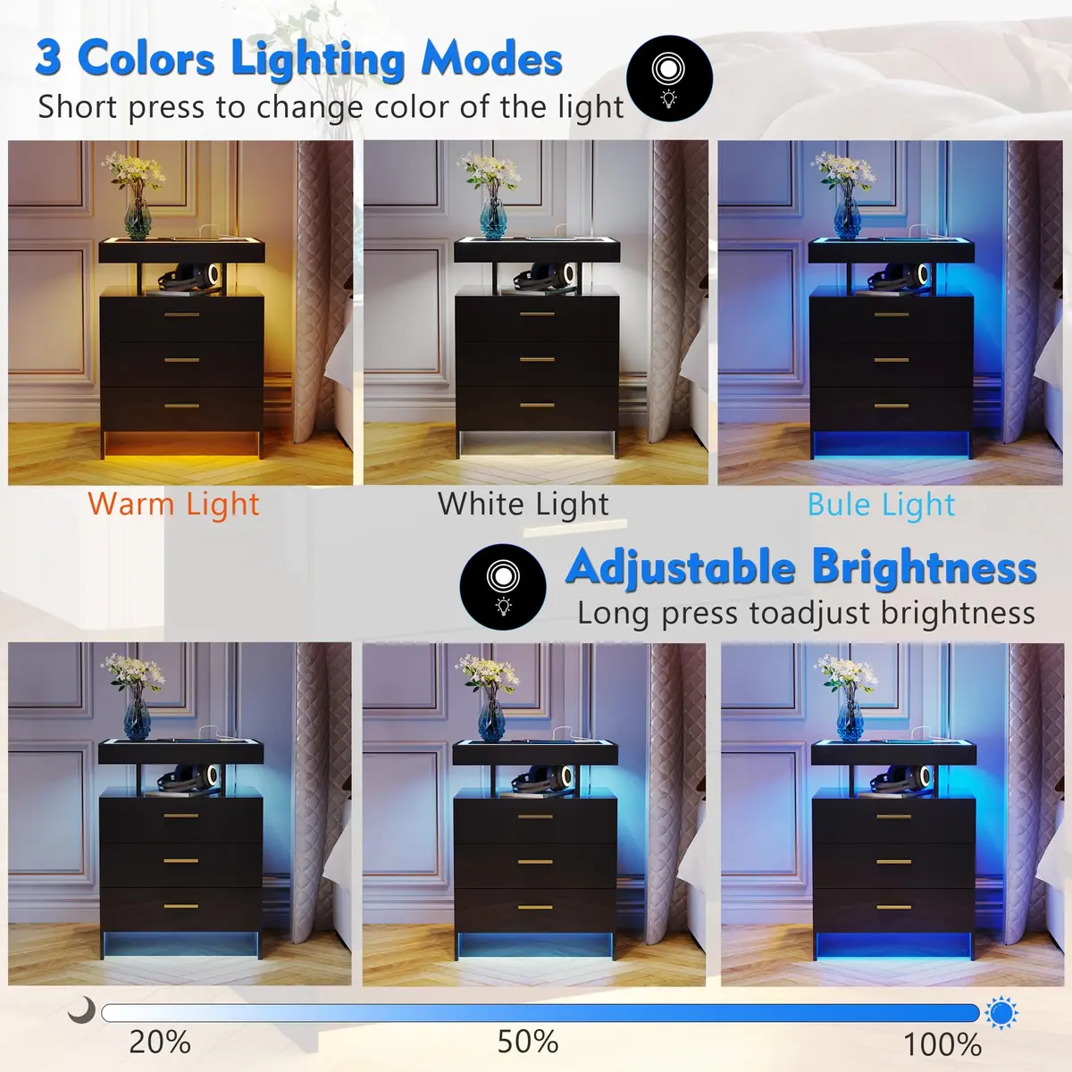 Lvifur LED Nightstand with Wireless Charging & Auto Sensor, Black | Modern Bedroom Furniture - view 3