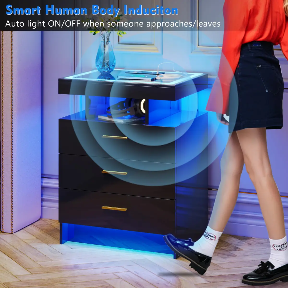 Lvifur LED Nightstand with Wireless Charging & Auto Sensor, Black | Modern Bedroom Furniture - view 4