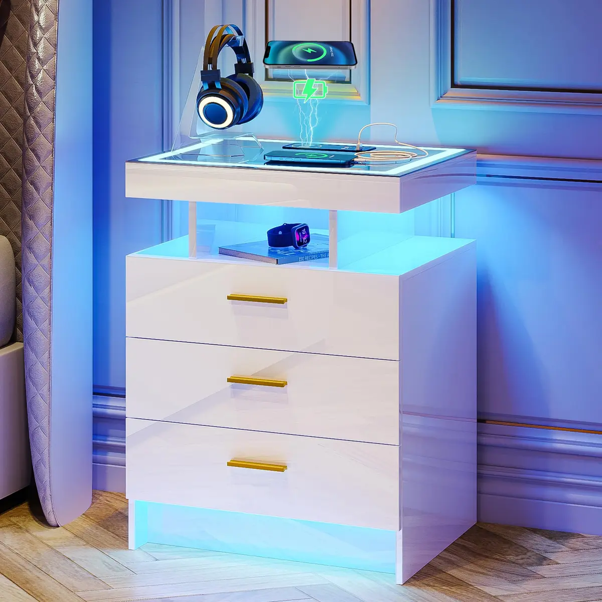 Lvifur LED Nightstand with Wireless Charging Station & Auto Sensor, White | Modern Bedroom Furniture - main product image