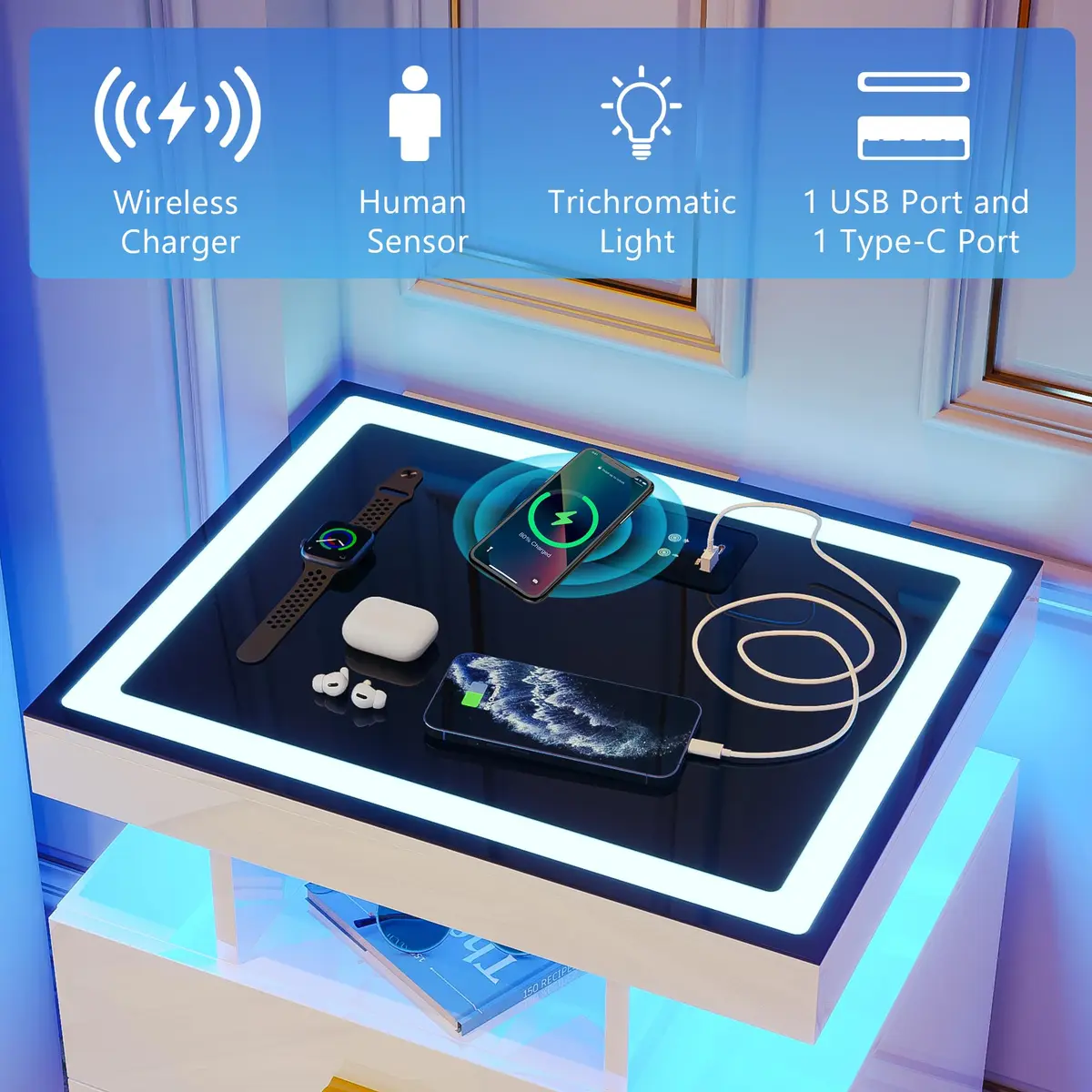 Lvifur LED Nightstand with Wireless Charging Station & Auto Sensor, White | Modern Bedroom Furniture - view 2