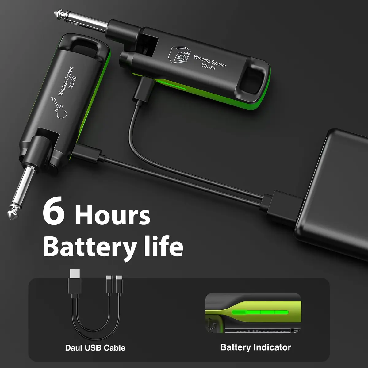 LEKATO UHF Wireless Guitar System with 70 Channels & Rechargeable Battery, Green | Low Latency <3ms - view 4