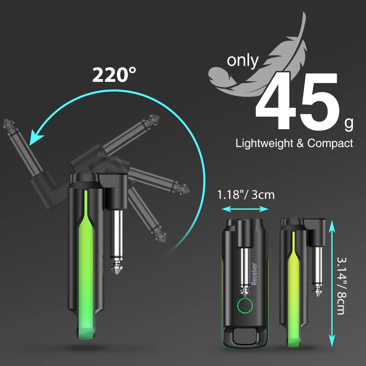 LEKATO UHF Wireless Guitar System with 70 Channels & Rechargeable Battery, Green | Low Latency <3ms - view 5