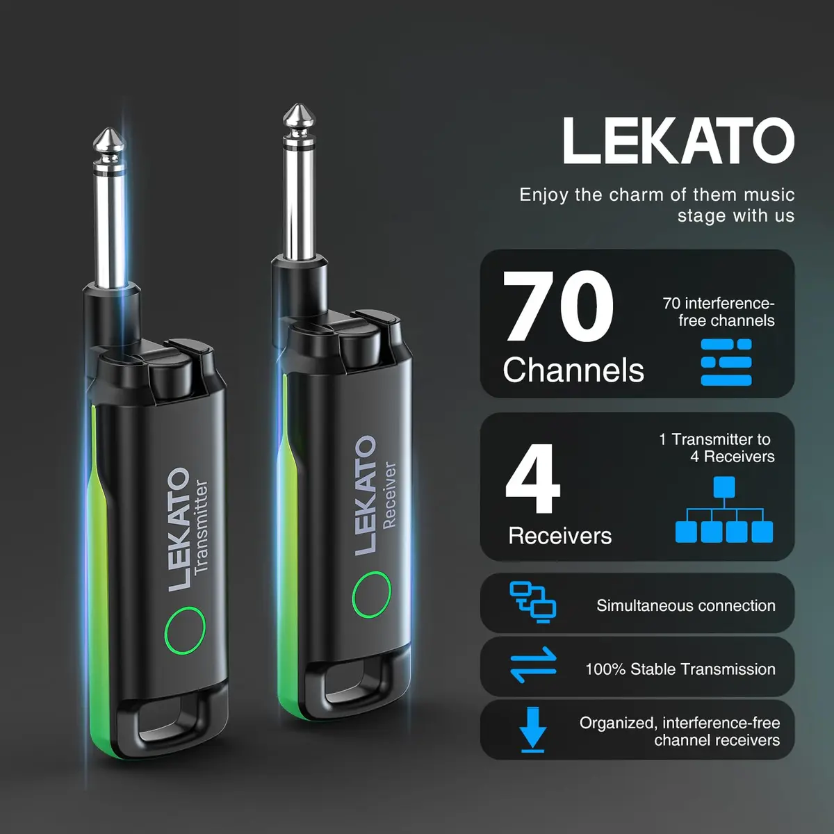 LEKATO UHF Wireless Guitar System with 70 Channels & Rechargeable Battery, Green | Low Latency <3ms - view 3