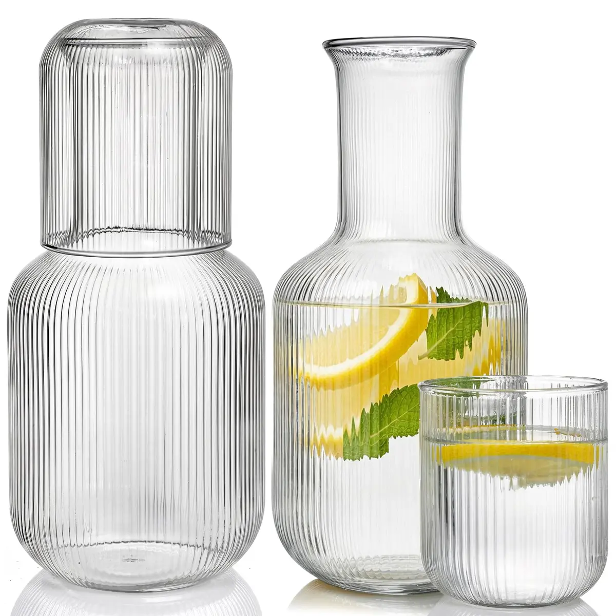 Bekith 2 Set 25 OZ (740 ml) Bedside Night Water Carafe with Tumbler Glass | Vertical Stripes Clear Glass Carafe for Bedroom Guest Room Nightstand, Mouthwash Decanter for Bathroom, Water Pitcher Set (4-Piece) - main product image