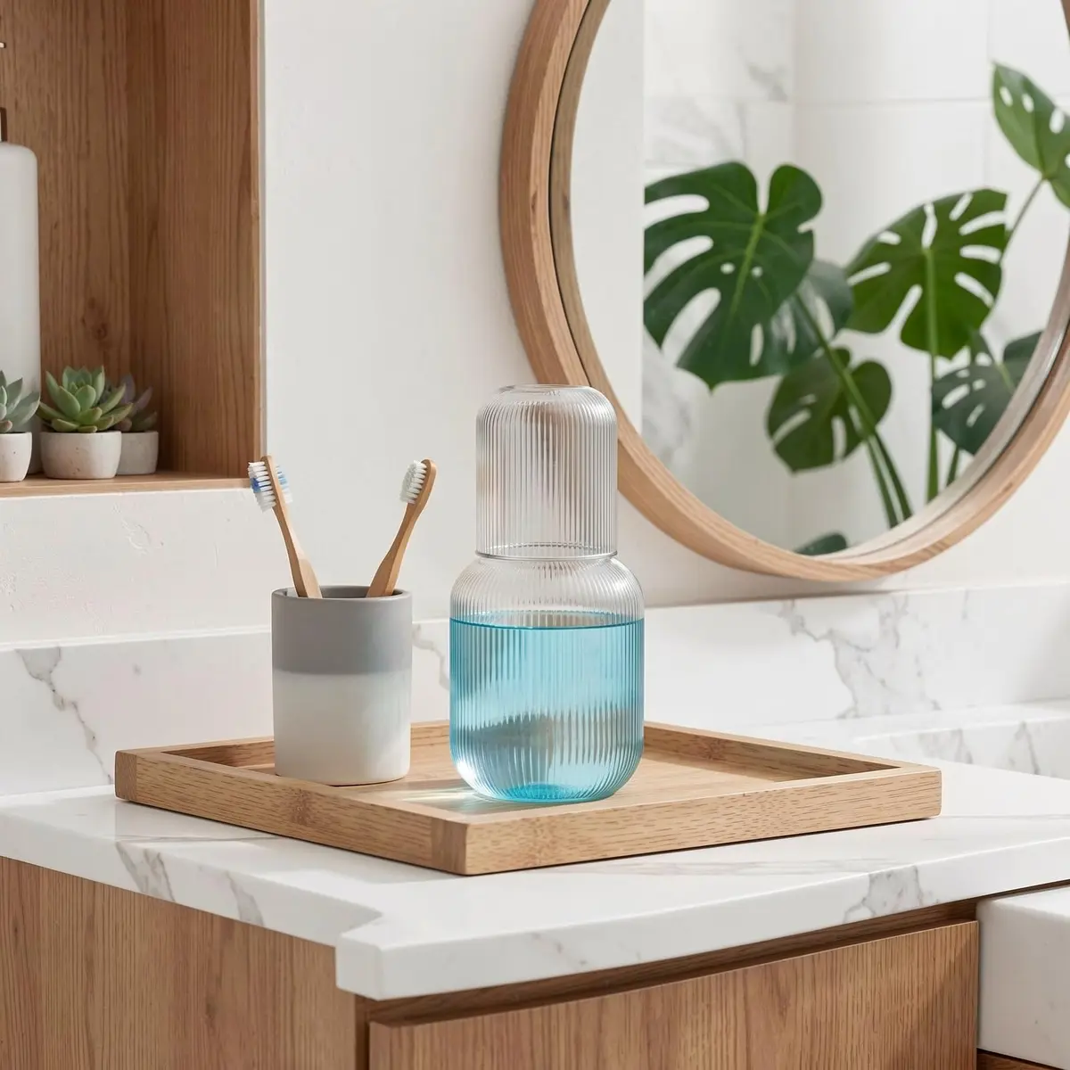 Bekith 2 Set 25 OZ (740 ml) Bedside Night Water Carafe with Tumbler Glass | Vertical Stripes Clear Glass Carafe for Bedroom Guest Room Nightstand, Mouthwash Decanter for Bathroom, Water Pitcher Set (4-Piece) - view 7