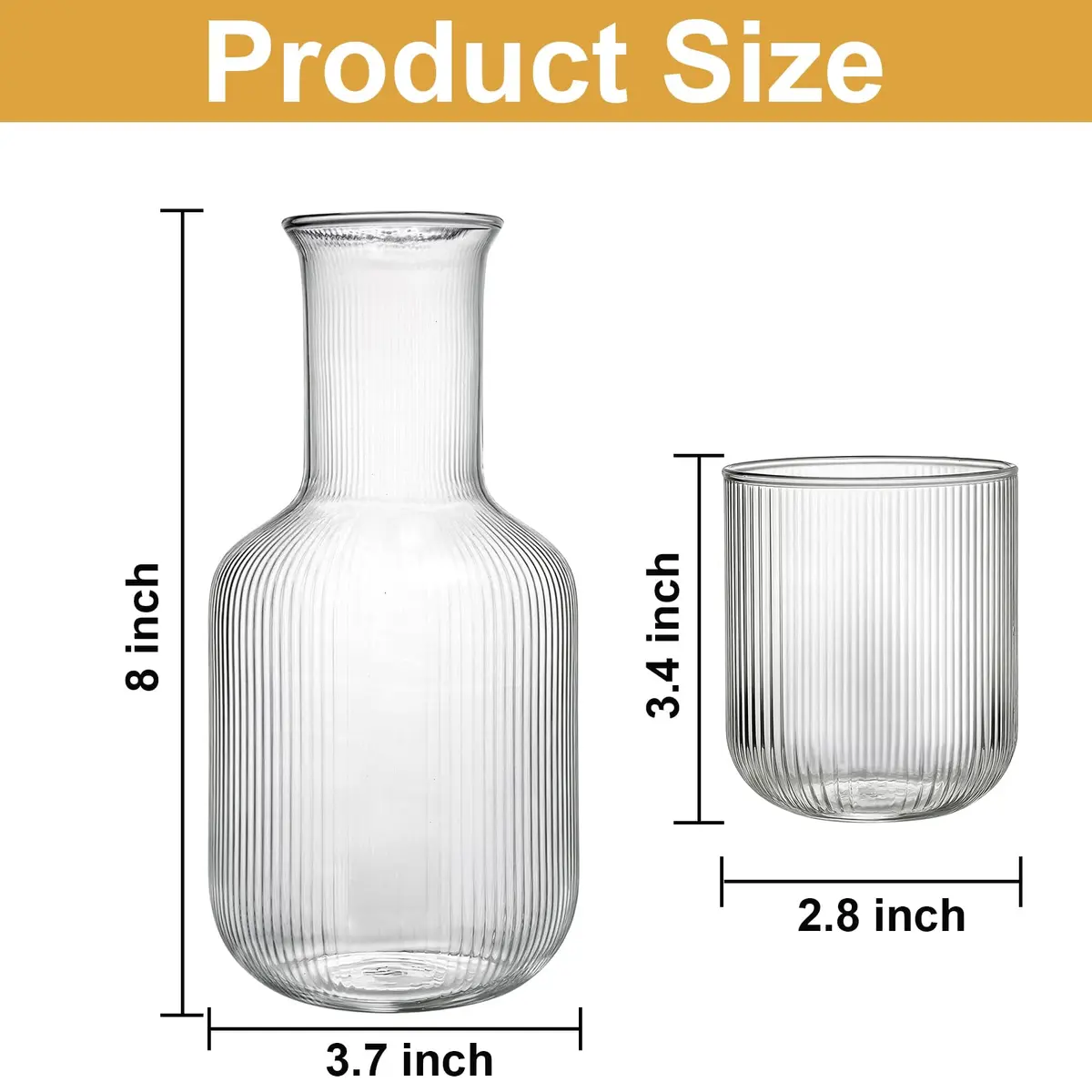 Bekith 2 Set 25 OZ (740 ml) Bedside Night Water Carafe with Tumbler Glass | Vertical Stripes Clear Glass Carafe for Bedroom Guest Room Nightstand, Mouthwash Decanter for Bathroom, Water Pitcher Set (4-Piece) - view 2