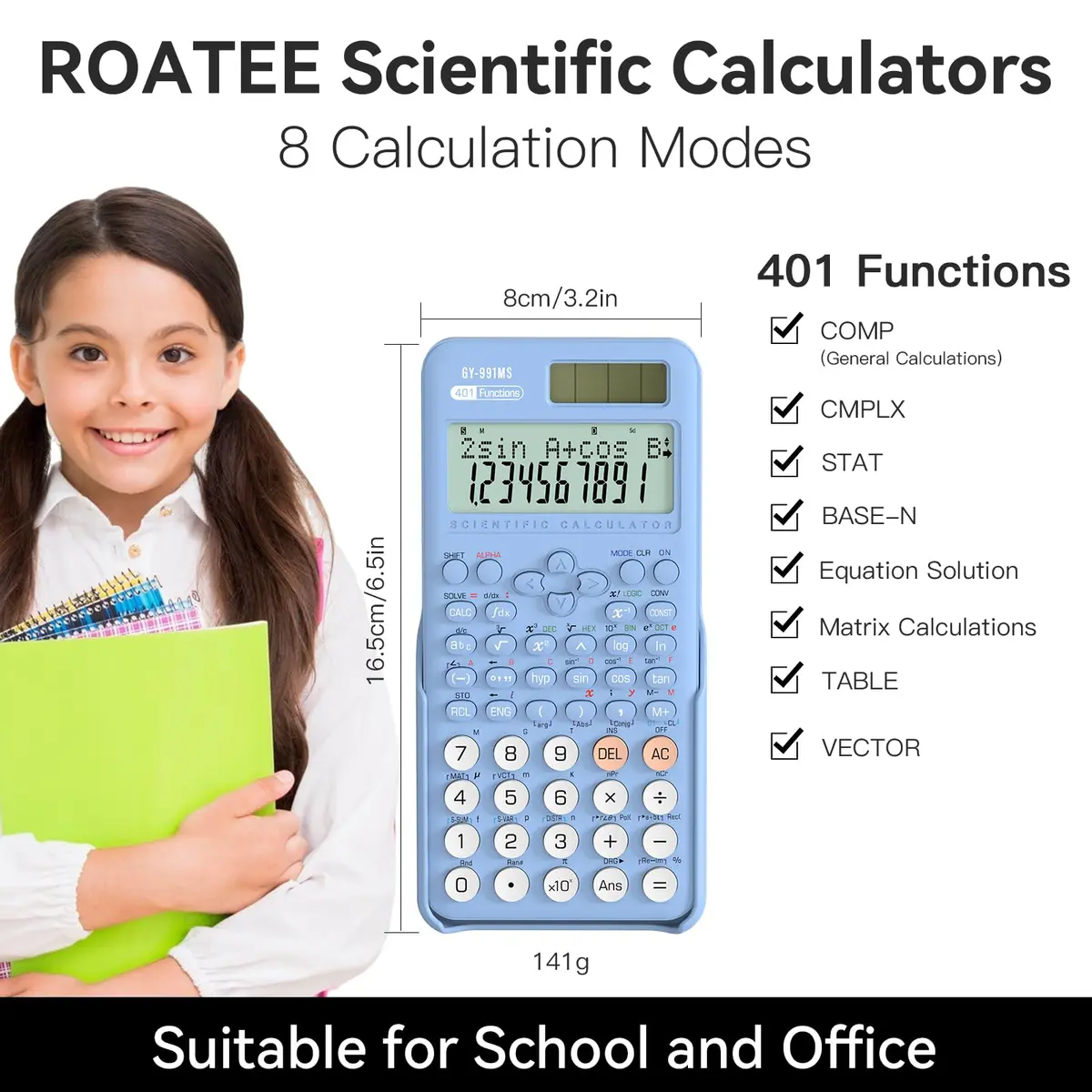 ROATEE 991MS Scientific Calculator 401 Functions | 2-Line Display, Blue, School & College Use - view 2
